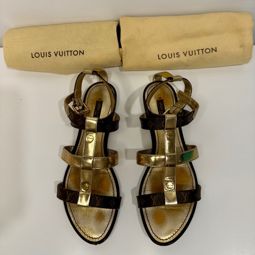 Authentic Louis Vuitton Monogram Leather Be Happy Gladiator sandals Flat Size 6